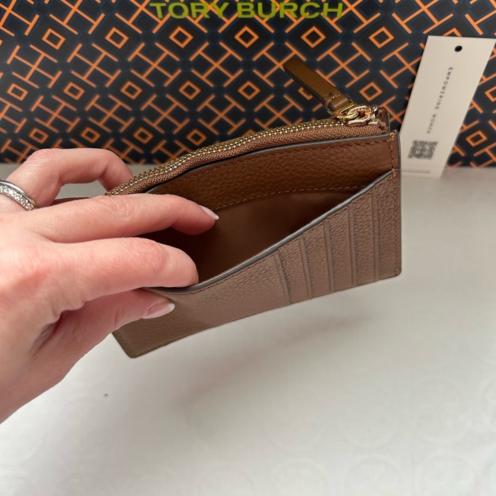 Tory Burch Britten Zip Card Case Card Wallet Moose Gold Tan Brown - Picture 6 of 7